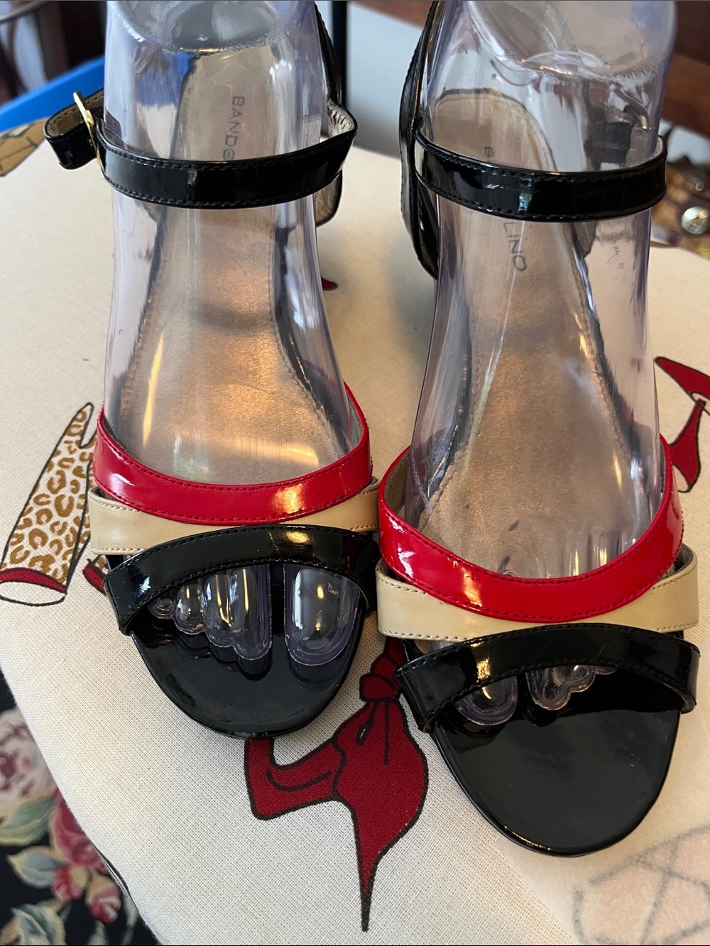 Vintage BandalinoPatent Leather Strappy Sandals in Black, Red & Cream
